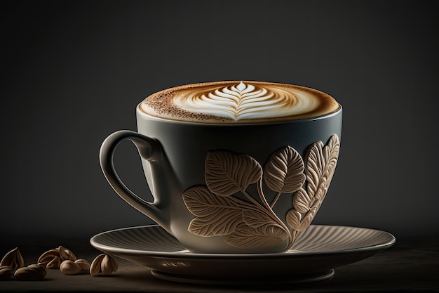 Cappuccino in una tazza con schiuma lussureggiante e illustrazioni di vegetarismo alla cannella IA generativa