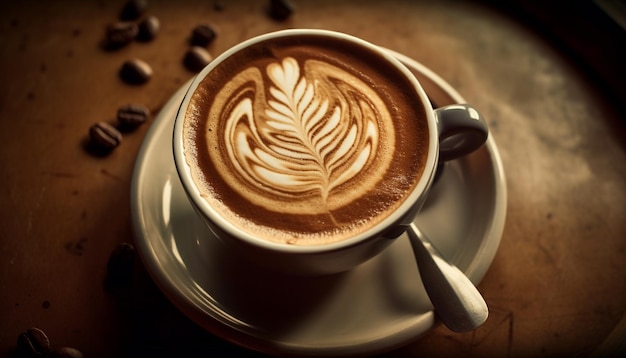 Cappuccino schiumoso nella tazza di caffè sul tavolo generato dall'intelligenza artificiale