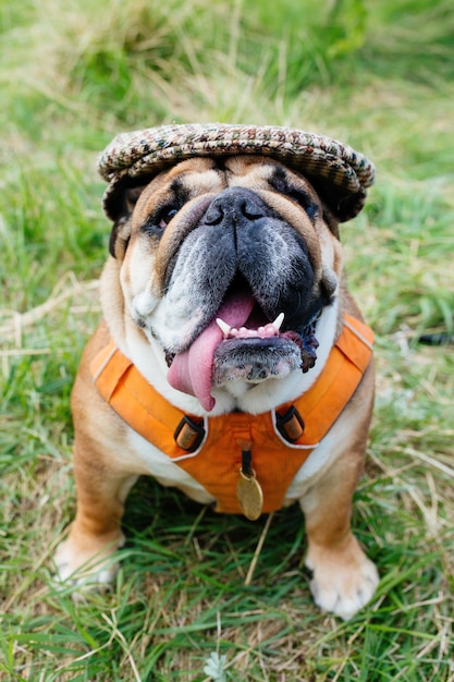 Cappuccio d'uso del cane rosso inglese / britannico del bulldog fuori per una passeggiata che cerca seduta nell'erba