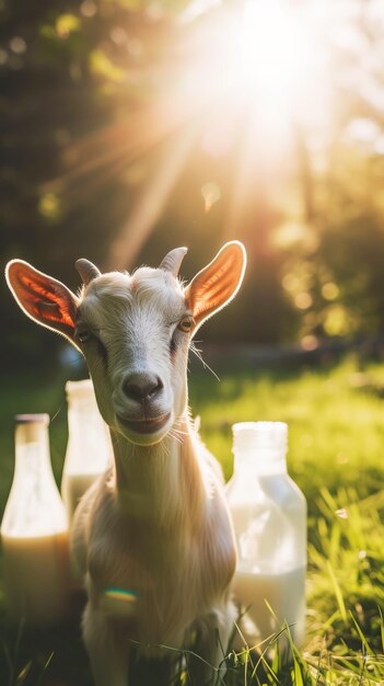 Capra ben curata su un prato verde in una giornata di sole latticini biologici paesaggio agricolo IA generativa