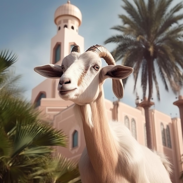 capra davanti alla moschea di bellezza con sfondo di palma eid al adha