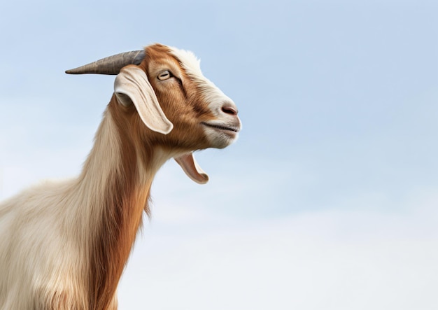 Capra di Toggenburg che distoglie lo sguardo isolata su fondo bianco