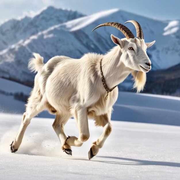 Capra in corsa sulla pista sullo sfondo natura del deserto fauna selvatica e neve