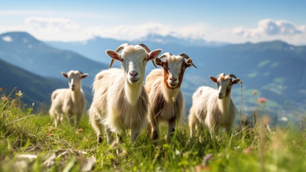 Capre domestiche che pascolano con prati di montagna sullo sfondo