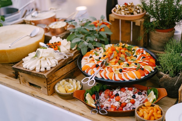 Caprese su un vassoio in tavola con insalata di formaggio e vasi di fiori con piante d'appartamento