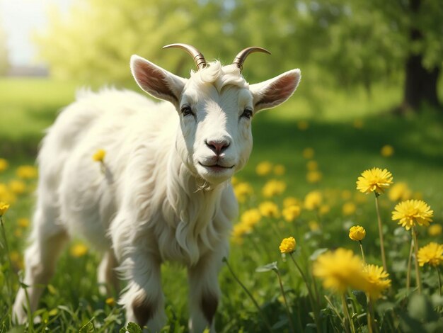 Capretta bianca in piedi sull'erba verde con denti di leone gialli in una giornata di sole