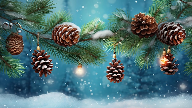 Capricciose coni di pino innevati in inverno su uno striscione di decorazione natalizia