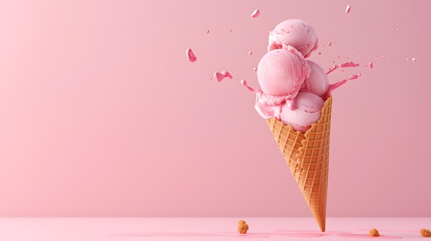 Capricciosi coni di gelato galleggianti su uno sfondo rosa