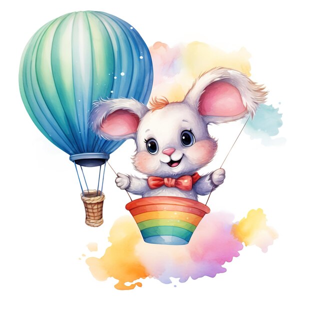 Capriccioso coniglietto in palloncino ad aria calda Acquarello Clipart per gioiose celebrazioni di compleanno del bambino