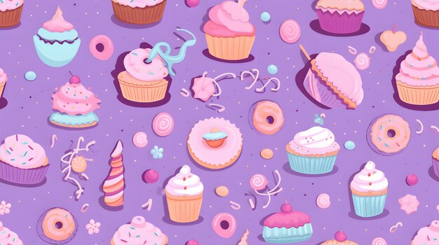 Capriccioso disegno di caramelle e dolci su uno sfondo lilac