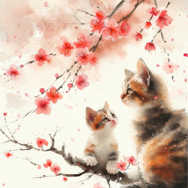 Capriccioso gattino acquerello che impara a seguire la madre in mezzo ai fiori di ciliegio AI generativa