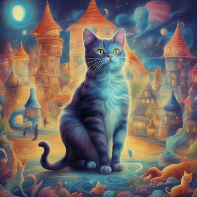 Capriccioso gatto stile paesaggio da sogno surreale fantasia focus gatto in ambientazione immaginativa e irreale