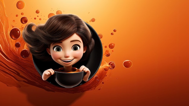 Capriccioso personaggio femminile animato mattutino che assapora una tazza di caffè che mescola fascino e vitalità di narrazione creativa ed espressioni vivaci