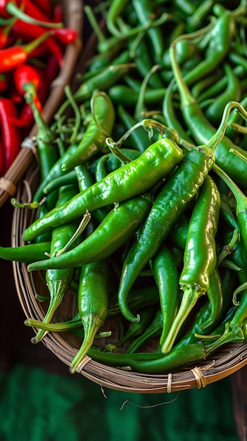 Capsicum bounty Peperoncini verdi appena raccolti in vista ravvicinata Sfondo mobile verticale