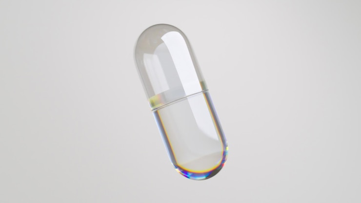 Foto capsula 3d trasparente con effetto olografico su uno sfondo neutro