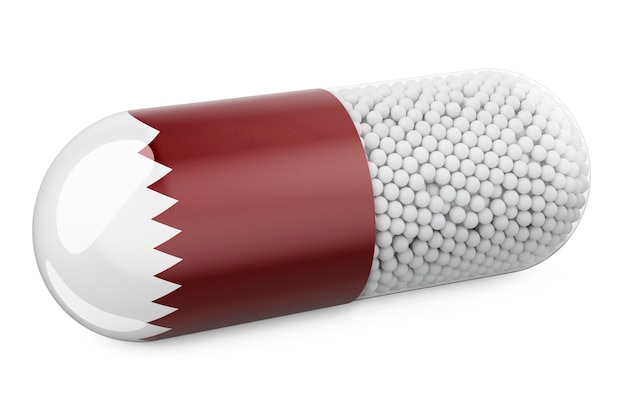 Capsula della pillola con bandiera del Qatar Assistenza sanitaria nel rendering 3D del concetto del Qatar