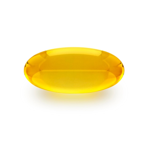 Capsula di olio dorato di vitamina AE Omega 3 o collagene di pillola medica con grasso di pesce o olio cosmetico biologico su sfondo bianco