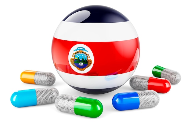 Capsula di pillole con bandiera costaricana rendering 3D isolato su sfondo bianco
