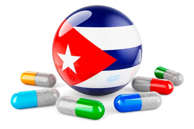 Capsula di pillole con bandiera cubana rendering 3D isolato su sfondo bianco