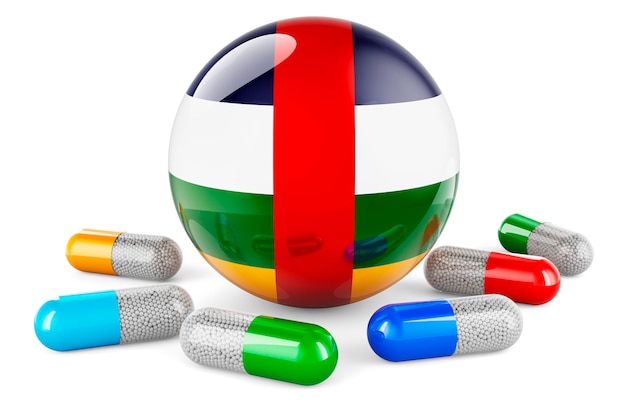 Capsula di pillole con bandiera della Repubblica Centrafricana rendering 3D isolato su sfondo bianco