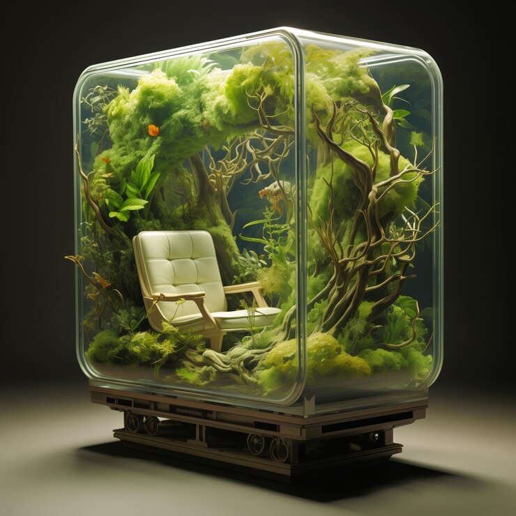 Capsula di vetro con ecosistema verde autonomo e poltrona all'interno