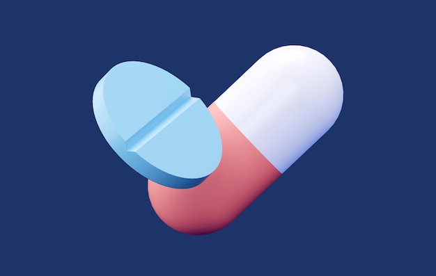 Capsula medicinale con una compressa rotonda isolata su sfondo blu 3d rendering illustrazione