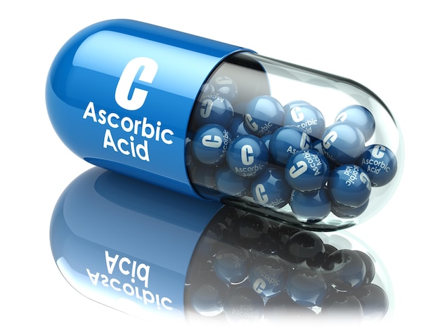 Capsula o pillola di vitamina C. Acido ascorbico. Supplementi dietetici. illustrazione 3D