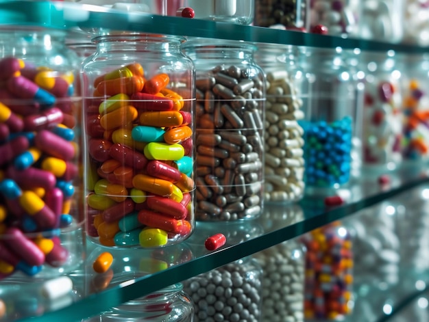 Capsule di farmaci colorate in barattoli trasparenti