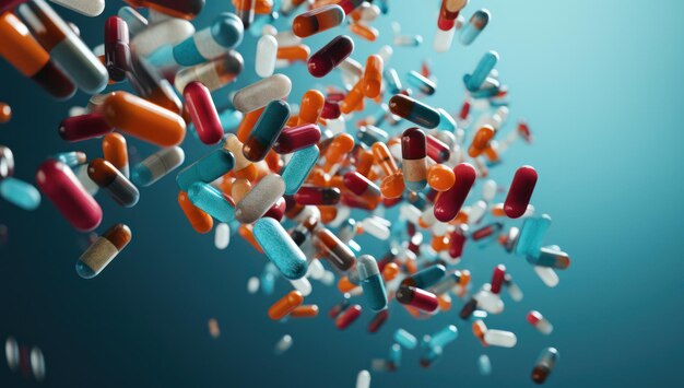 Capsule di farmaci colorate su sfondo blu curano la malattia delle variazioni nella fotografia sanitaria