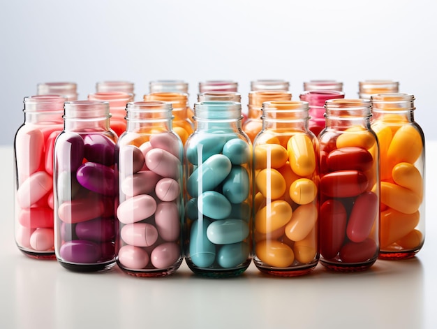 Capsule di farmacia colorate Molte medicine o pillole diverse AI generativa