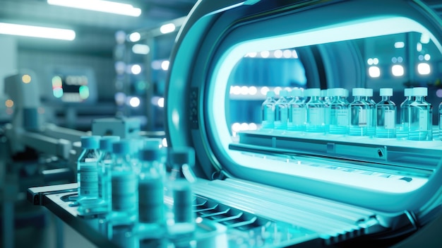 Capsule di laboratorio futuristiche in un ambiente scientifico blu illuminato