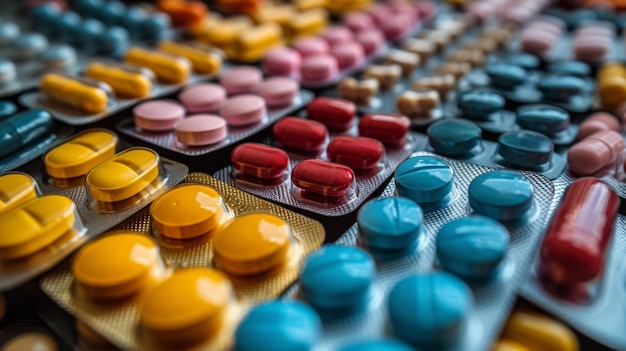 Capsule di pillole colorate tavole di farmaci in blister vista ravvicinata