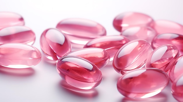 Capsule di vitamine rosa su sfondo bianco