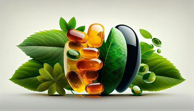 Capsule organiche di erbe di medicina alternativa con vitamina E omega 3 olio di pesce minerali e farmaci con foglie di erbe sono integratori naturali per una vita sana e felice IA generativa