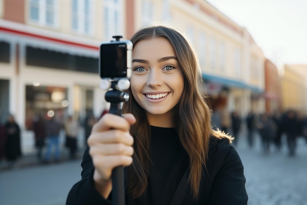 Captivando la scena sociale urbana Una giovane vlogger racconta la vita della città in Selfie Vlo coinvolgente