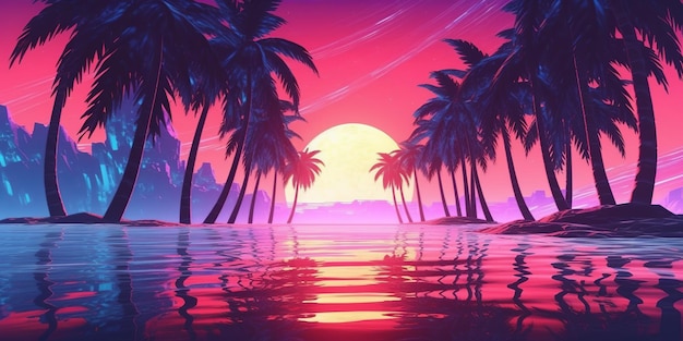 captivating scene blending elements of vaporwave cyberpunk and synthwave aesthetics featuring palm trees against a futuristic backdrop background generative ai