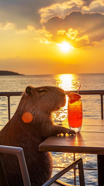 Capybara con un cocktail seduto a un tavolo sulla linea e godendosi il relax