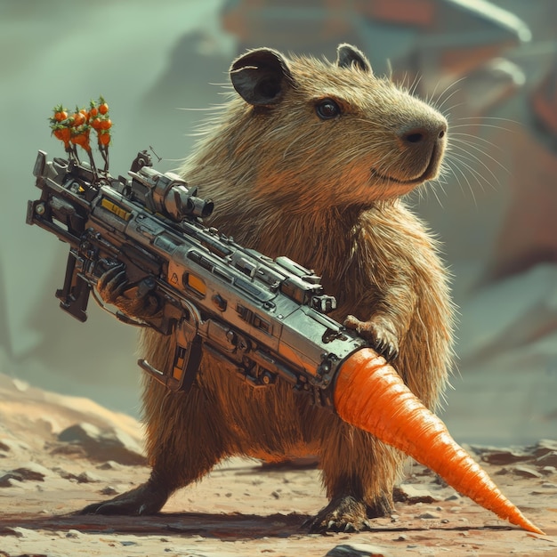 Capybara con una mitragliatrice sullo sfondo di una carota