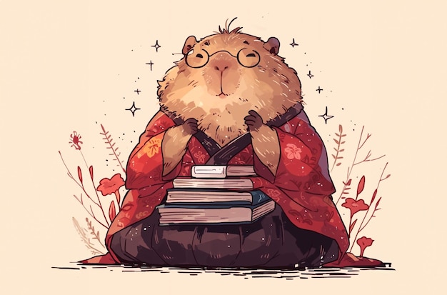 Capybara felice che legge libri con illustrazioni disegnate a mano