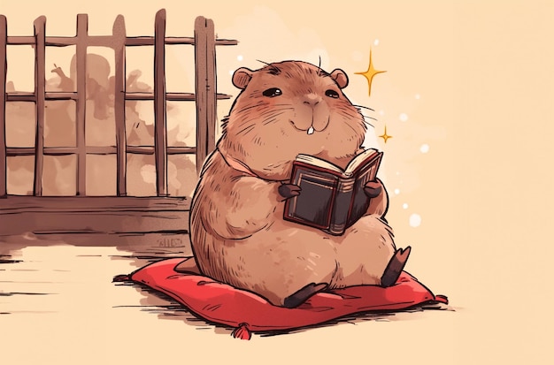 Capybara felice che legge libri con illustrazioni disegnate a mano