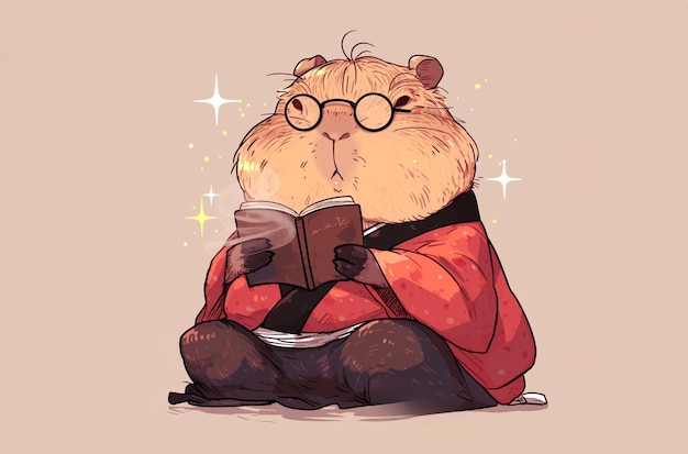 Capybara felice che legge libri con illustrazioni disegnate a mano