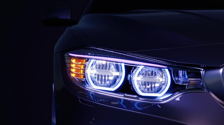 Car headlight with copy space macro view Led or xenon lamp Closeup of modern prestigious car 3d illustration
