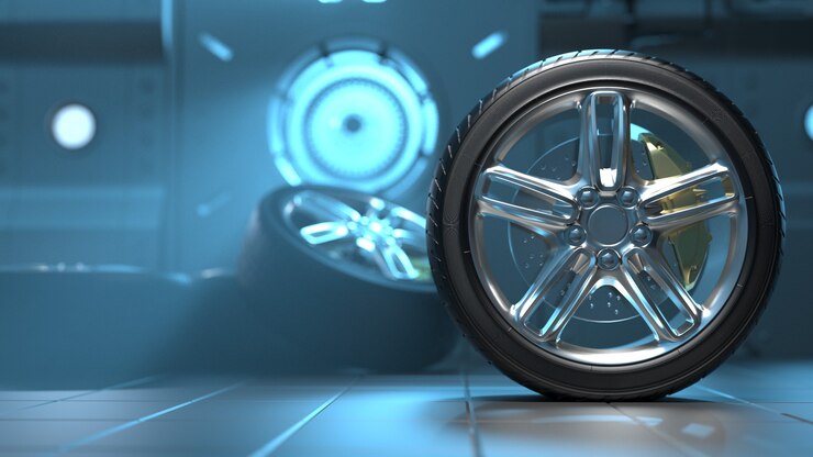 Car tires in a futuristic room Alloy wheels