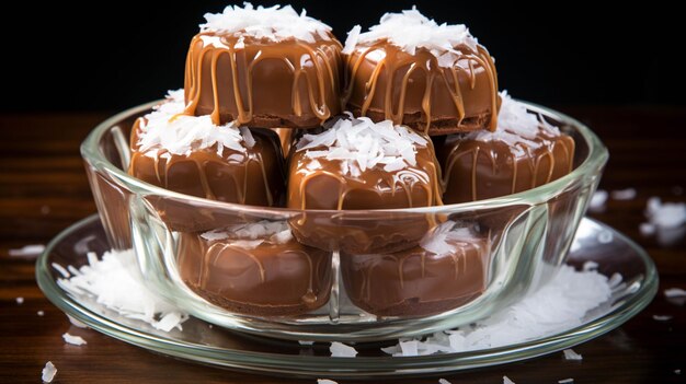 Caramella di cioccolato della guarnizione della noce di cocco in una ciotola di vetro su fondo bianco