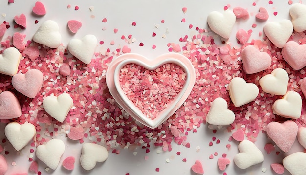 Caramelle a forma di cuore cuori rosa sullo sfondo di torte spruzzate in piatto con valentine di copia spazio