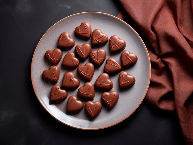 Caramelle al cioccolato a forma di cuore su un piatto su uno sfondo nero