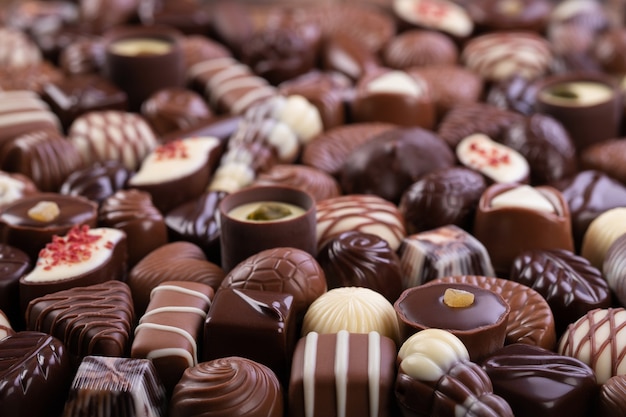 Caramelle al cioccolato con vari ripieni di sfondo.