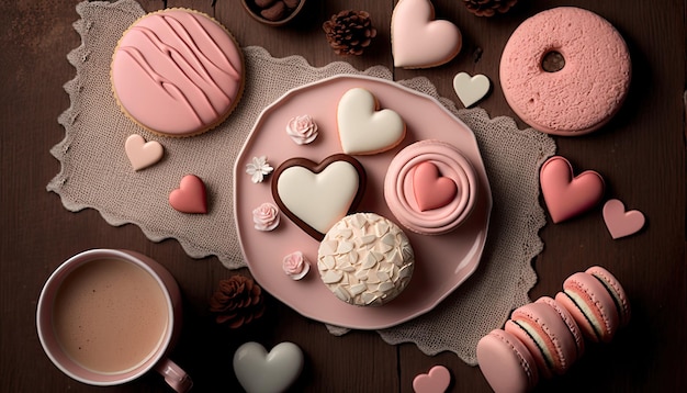 Caramelle colorate a forma di cuore per San Valentino, festa della mamma o compleanno, decorate su uno sfondo a colori IA generativa