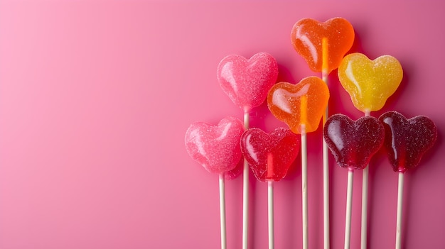 Caramelle colorate, lecca-lecca a forma di cuore su bastoncini bianchi su sfondo rosa