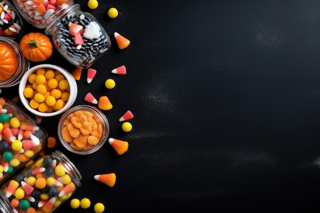 Caramelle di Halloween assortite in vasetti di vetro Vista dall'alto con spazio per il testo